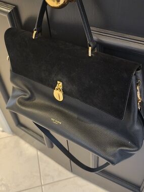 Ted Baker Black Leather & Suede Top-Handle Satchel with Gold Hardware
